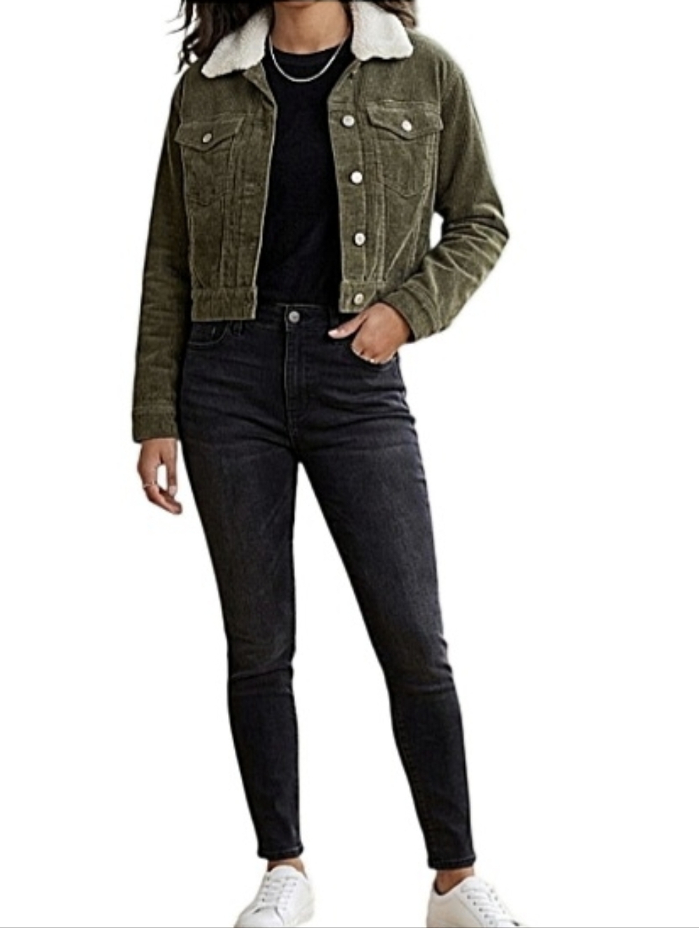 Wild Fable Olive Green Corduroy Crop Jacket Faux Fur Collar Women's Size M